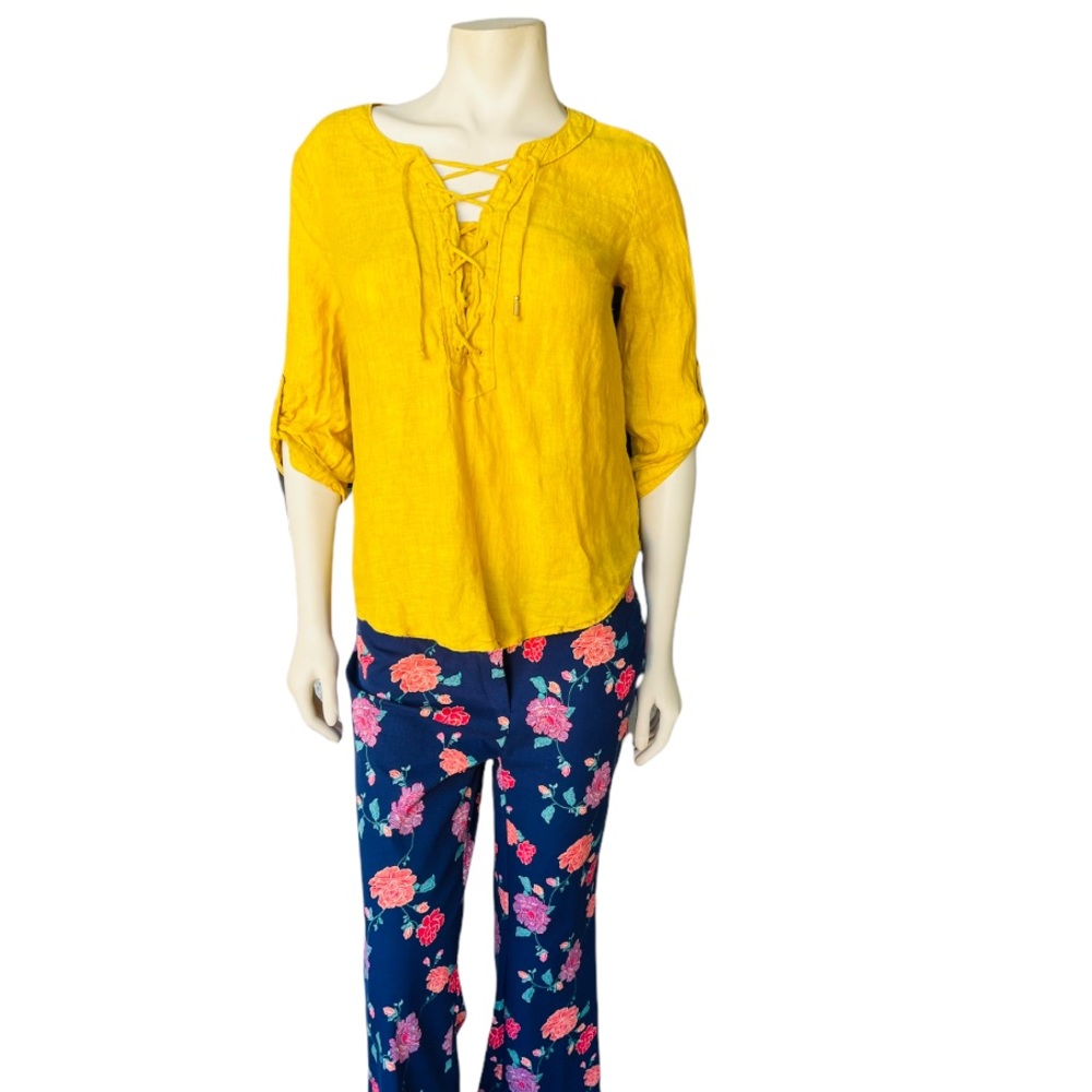 ⛔️SOLD⛔️Anthropologie Maeve Top Linen Lace Up Blouse High Low Yellow Women’s Top - Picture 6 of 7